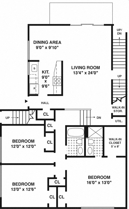 Floor plan for 3 beds, 2 baths, 1460 sqft